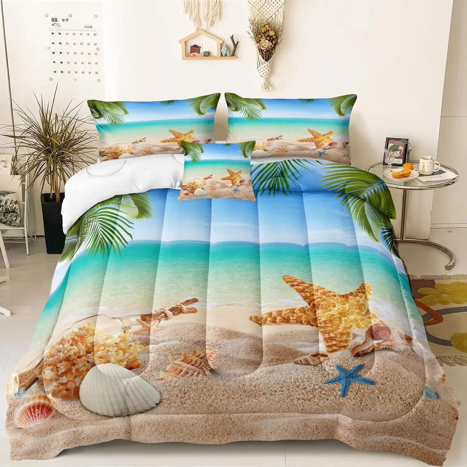 MOVE OVER 4 Pieces Beach Themed Bedding Set Queen Size Ocean Comforter Set Hawaii Scenery Style Conch and Starfish Printed Palm Tree Comforter Set for Summer with 1 CushionCover