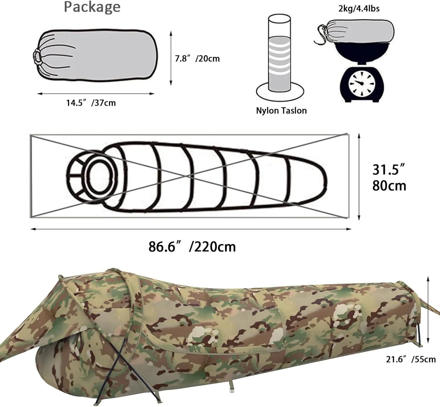 MT Military Hideaway Bivy Cover Stealth Compact Single-Pole Hooped Tent for Modular Sleeping Bags with Mosquito Bug Net Mesh,Waterproof Breathable Outer Shell, Minimalist Shelter