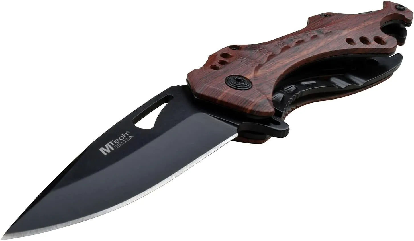 MTECH USA Folding Knife, 3.75-Inch Half-Serrated Blade, Titanium Coating, Glass Breaker, Pocket Clip