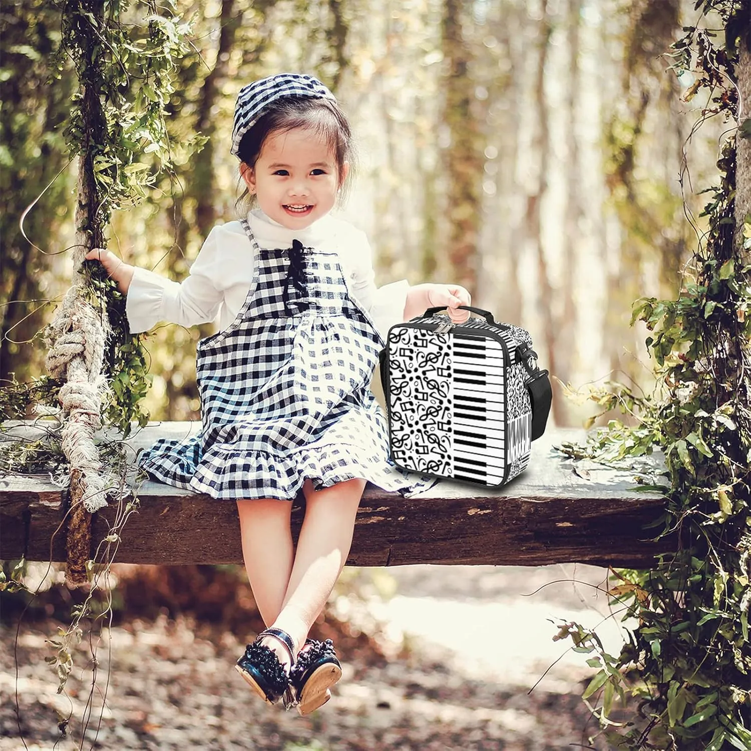 Music Note Lunch Box for Kids Boys, Black White Piano Keys Insulated Lunch Bag Reusable Thermal Lunchbox Cooler Tote Handbag with Adjustable Shoulder Strap for Adults Women Men Picnic Work School