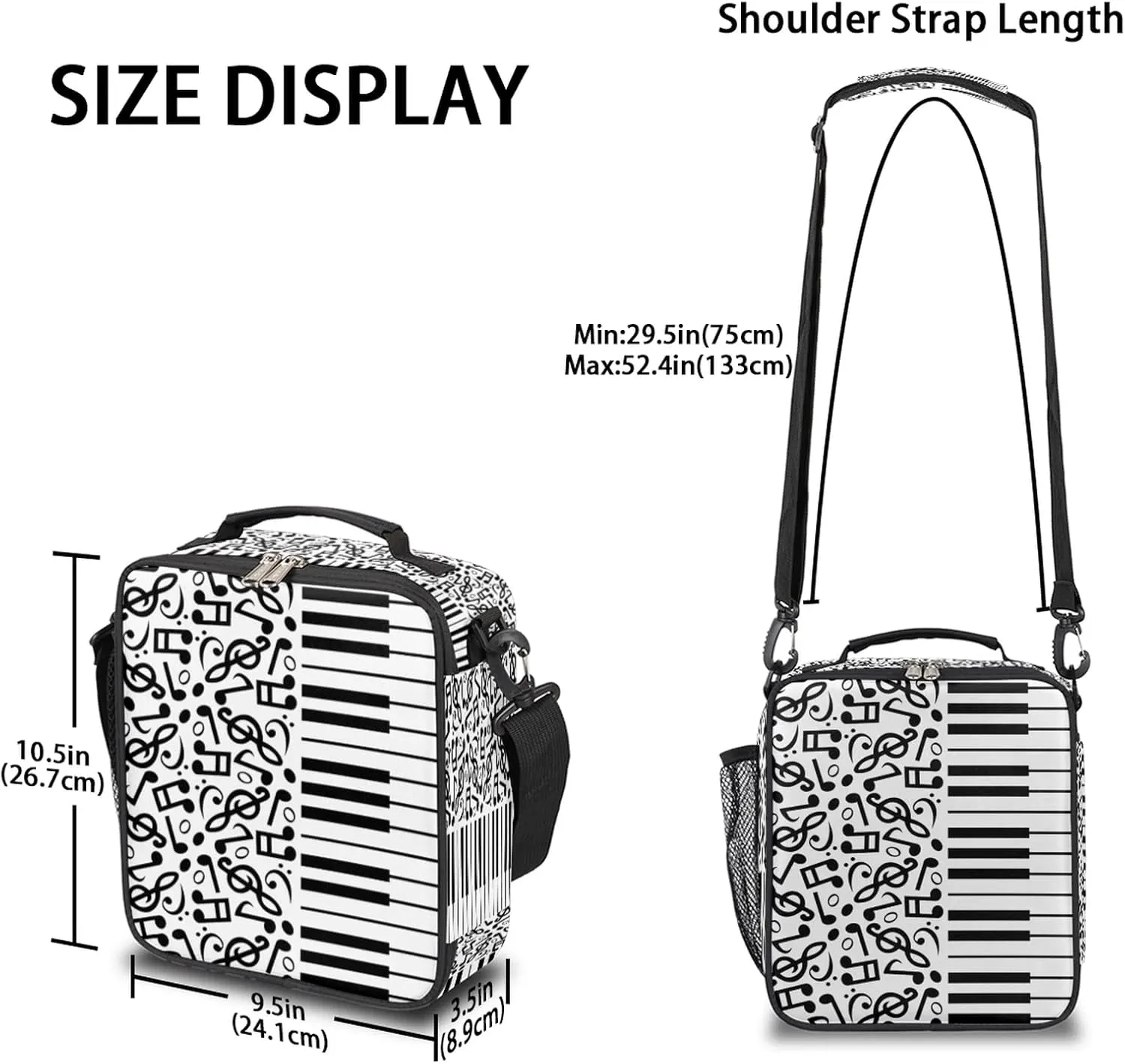 Music Note Lunch Box for Kids Boys, Black White Piano Keys Insulated Lunch Bag Reusable Thermal Lunchbox Cooler Tote Handbag with Adjustable Shoulder Strap for Adults Women Men Picnic Work School