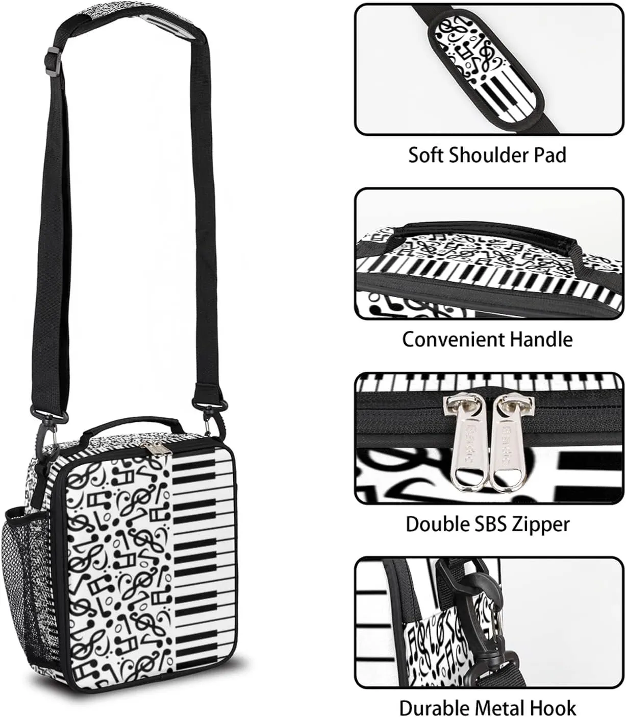 Music Note Lunch Box for Kids Boys, Black White Piano Keys Insulated Lunch Bag Reusable Thermal Lunchbox Cooler Tote Handbag with Adjustable Shoulder Strap for Adults Women Men Picnic Work School