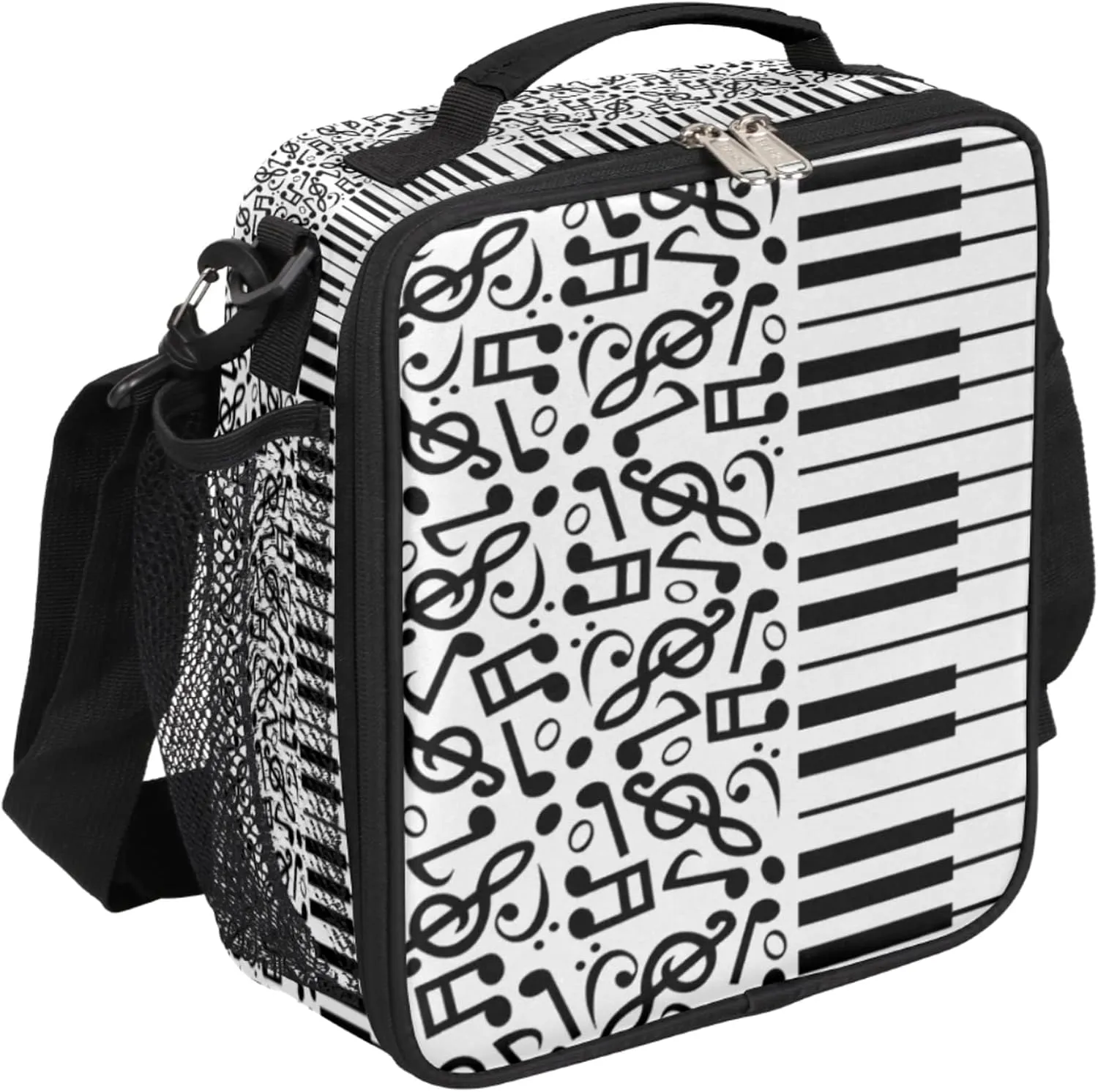 Music Note Lunch Box for Kids Boys, Black White Piano Keys Insulated Lunch Bag Reusable Thermal Lunchbox Cooler Tote Handbag with Adjustable Shoulder Strap for Adults Women Men Picnic Work School
