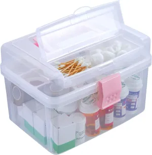 MyGift 10 Inch First Aid Clear & Pink Bin with Removable Tray, Quick Access Lid Flap and Top Carrying Handle, Portable Emergency Kit, Medical Supply Travel Tote, Medicine Storage Box Container