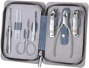 Nail Clippers Set Portable Nail Clipper Set, 7 Pieces Men Women Pedicure Grooming Kit, Sharp Finger and Toe Nail Tools with Leather Case (Color : Blue)
