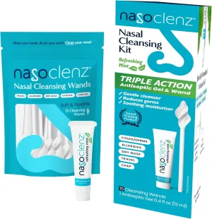 Nasal Cleansing Kit – Gentle, Washable Wand & Antiseptic Gel, Nose Cleaner Reduces Germs & Nasal Moisturizer for Fast Dry Nose & Allergy Relief (Mint 15 Count, up to 120 uses)