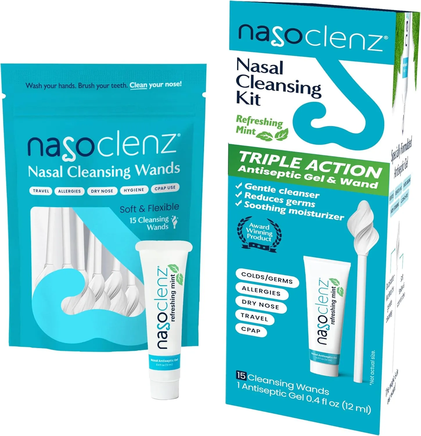 Nasal Cleansing Kit – Gentle, Washable Wand & Antiseptic Gel, Nose Cleaner Reduces Germs & Nasal Moisturizer for Fast Dry Nose & Allergy Relief (Mint 15 Count, up to 120 uses)
