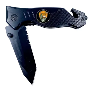 National Park Service Park Ranger NPS 3-in-1 Tactical Rescue Tool Knife with Seatbelt Cutter Steel Serrated Blade Glass