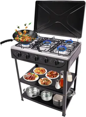 Natural Gas Stove with 5 Burners Portable Camping Stove with Support Leg Stand and Wind Blocking Cover 2 Layers Storage Rack Independent Control Gas Stove for Home RV Outdoor (Black)