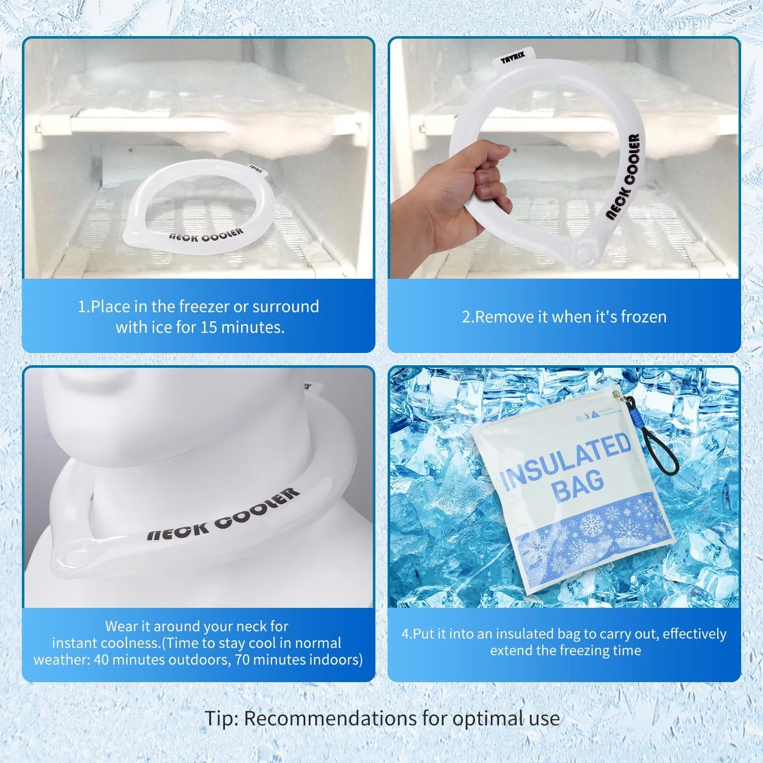 Neck Cooling Tube with Snap Button & Insulation Bag, Reusable Ice Ring, Freezes Below 64℉- Cooling Relief for Hot Weather, Outdoor Sports, Workers. Wearable Cooling Neck Wrap.(White, M)