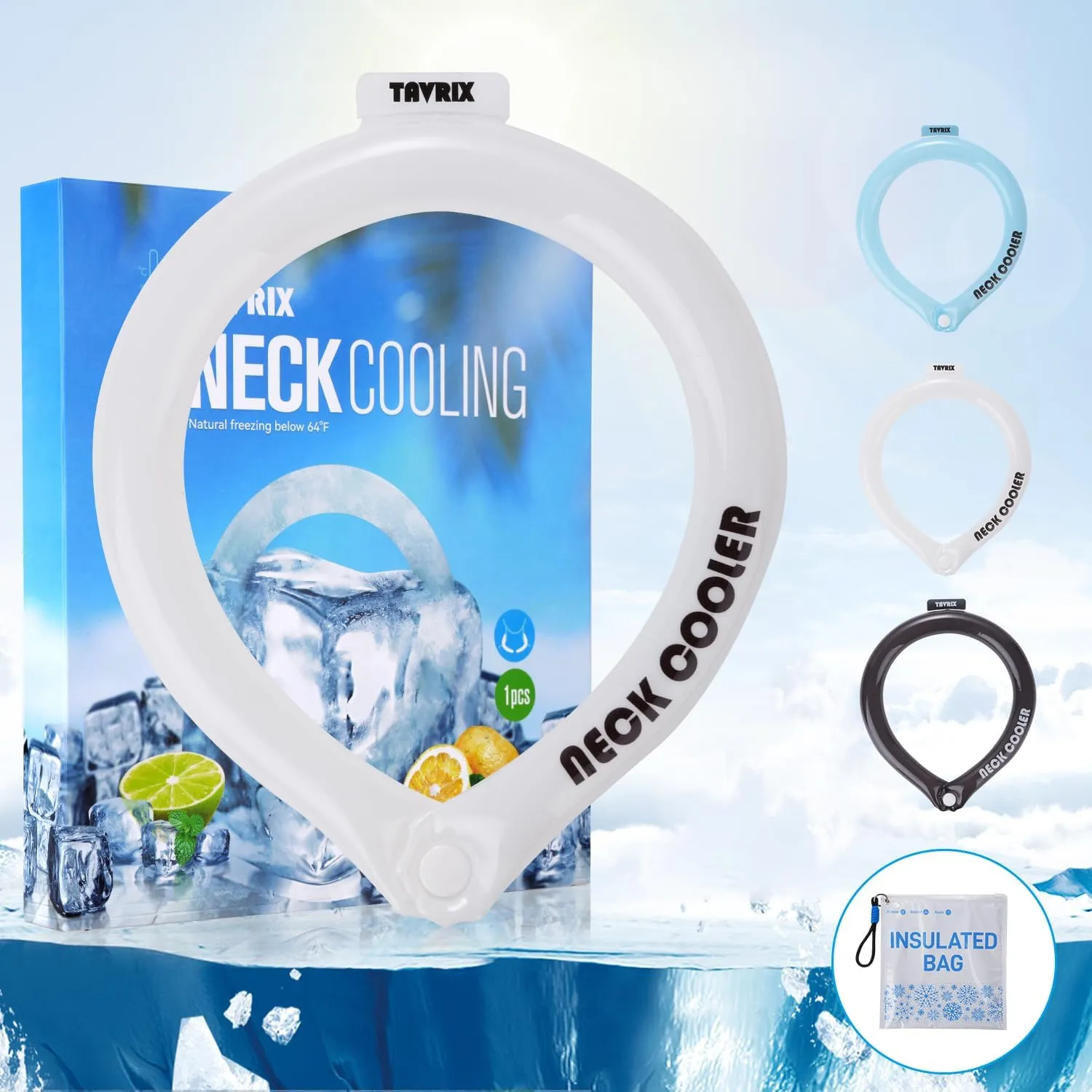 Neck Cooling Tube with Snap Button & Insulation Bag, Reusable Ice Ring, Freezes Below 64℉- Cooling Relief for Hot Weather, Outdoor Sports, Workers. Wearable Cooling Neck Wrap.(White, M)