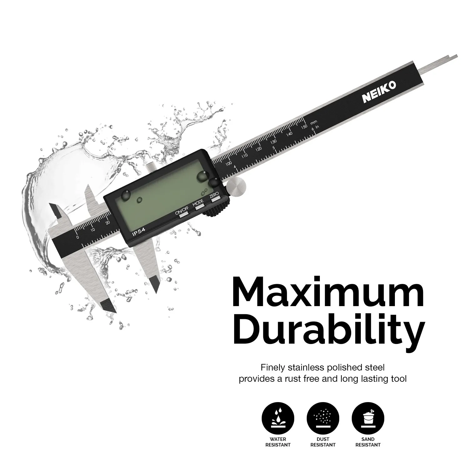 NEIKO 01401A 6-Inch Electronic Digital Caliper, Stainless Steel, Extra Large LCD Screen, Measurement Conversions for Inches, Millimeters, and Fractions