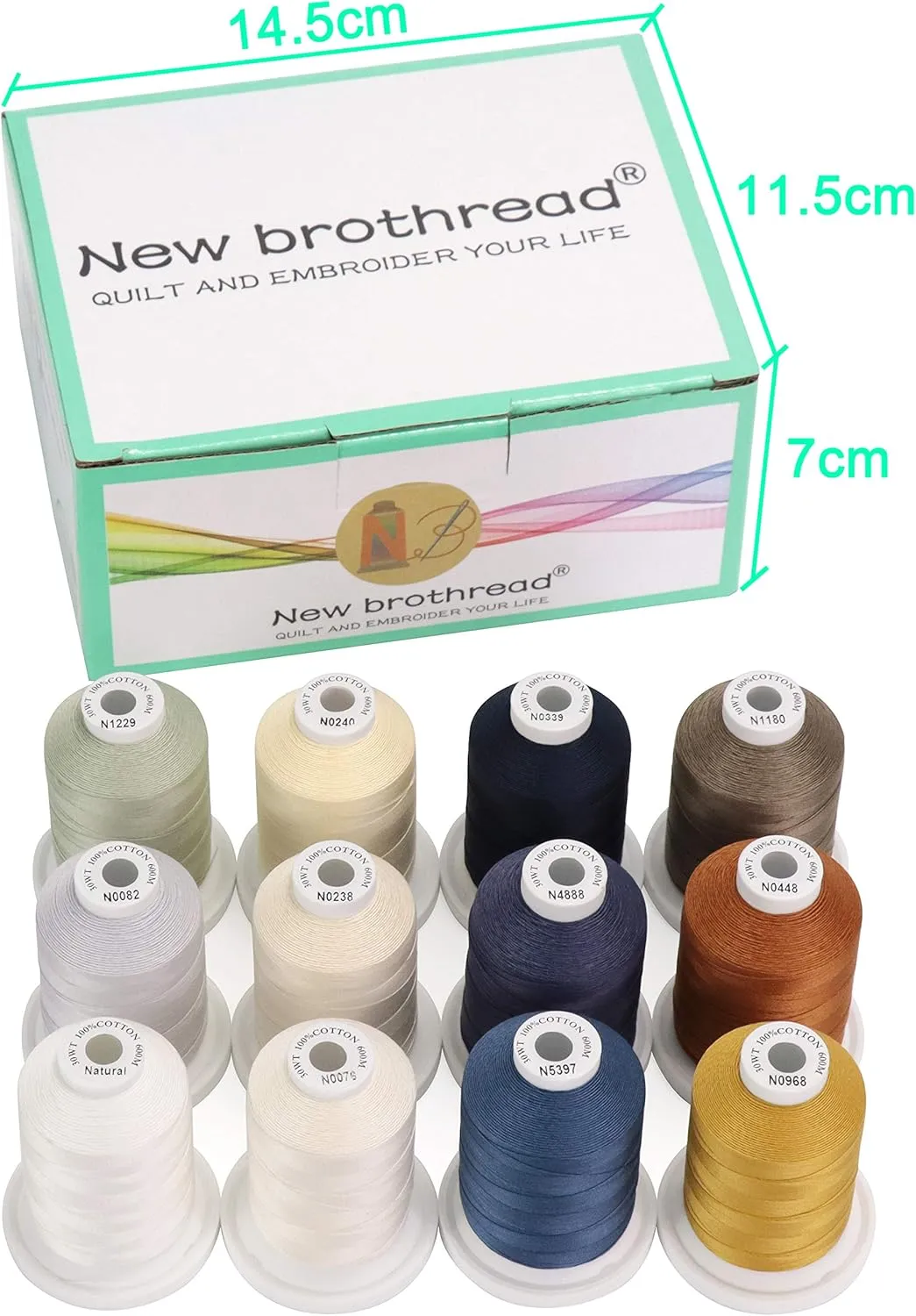 New brothread - 18 Options - Multi-Purpose 100% Mercerized Cotton Threads 50S/3 600M(660Y) Each Spool for Quilting, Serger, Sewing and Embroidery - 12 Neutral&Jean Colors