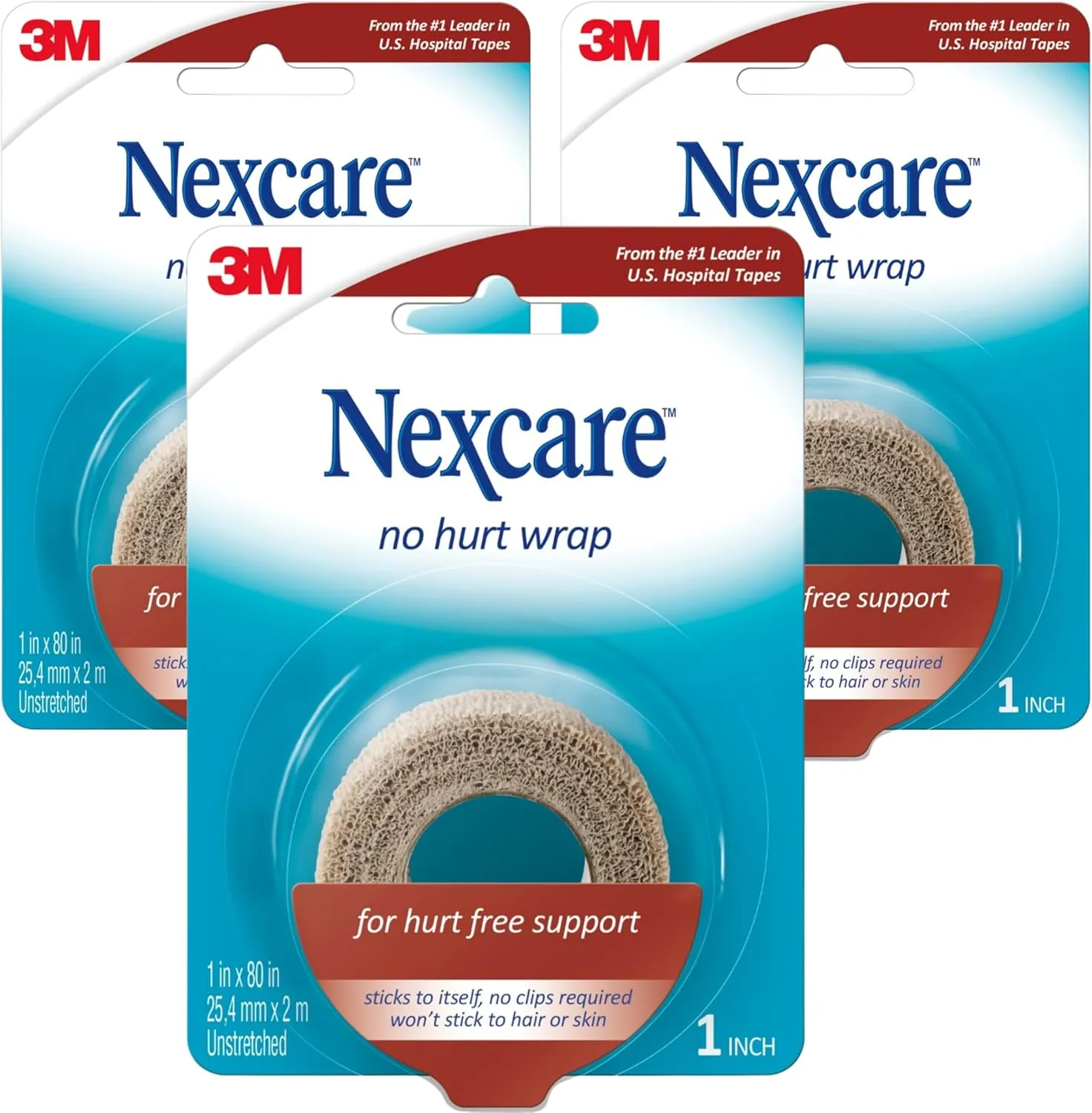 Nexcare No Hurt Tape, Self-Adhesive First Aid Wrap, 1 Inch x 2.2 Yards (3 Rolls), Pain-Free Removal, Breathable & Latex-Free for Sensitive Skin