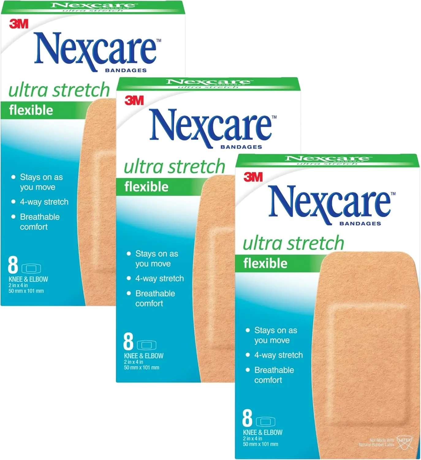 Nexcare Soft 'n Flex Bandages, 2" x 4" Flexible Fabric, Knee & Elbow Size, 8 Count per Box (Pack of 3, 24 Bandages Total)