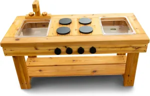Noble Toys XL Cedar Outdoor Mud Kitchen Centered with Stovetop for Toddlers and Kids | Pretend Play Toddler Table | Sensory Table | Outside Playset | Real Wooden Kitchens | Preschool Equipment