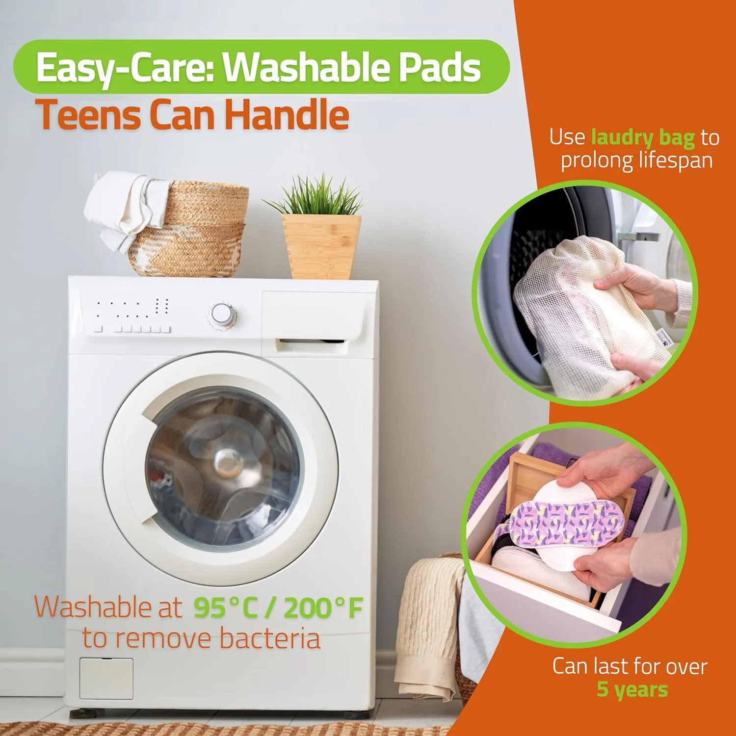 Non-Slip Reusable Period Pads for Teen Girls (S M, 6-Pack); High-Temp Washable Organic Cotton Cloth Pad; Reliable, Non-Irritating, Soft Reusable Pads Menstrual for Secure & Comfortable First Period