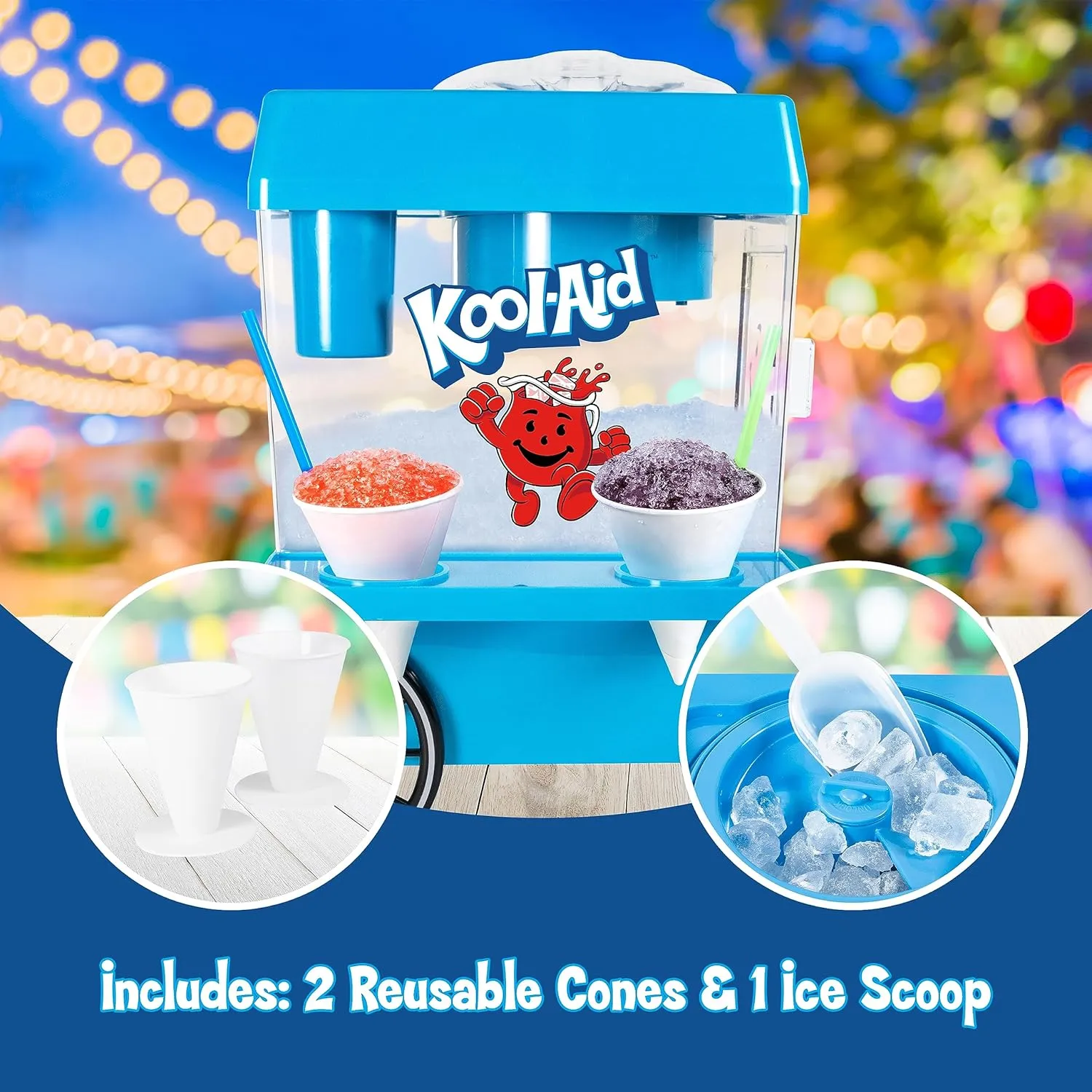 Nostalgia Kool-Aid Snow Cone Shaved Ice Machine - Retro Table-Top Slushie Machine Makes 20 Icy Treats - Includes 2 Reusable Plastic Cups & Ice Scoop - Blue