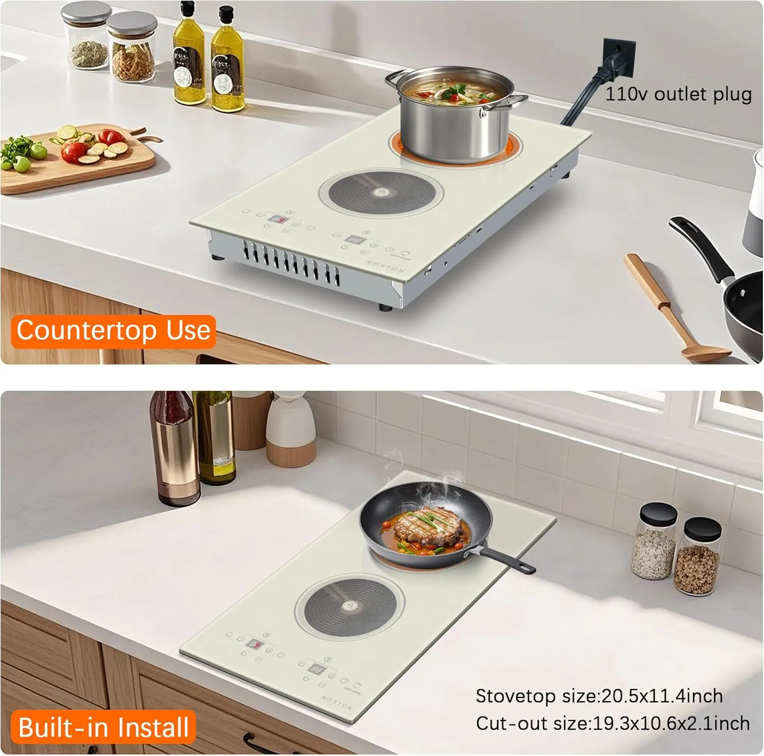 Noxton 2 Burners Electric Cooktop, Warm White Glass Electric Stove 110V, 12" Countertop Burner Built-in Electri Ceramic Cooktop, 99 Mins Timer, Pause, Safety Lock,Residual Heat Indication(Upgraded)