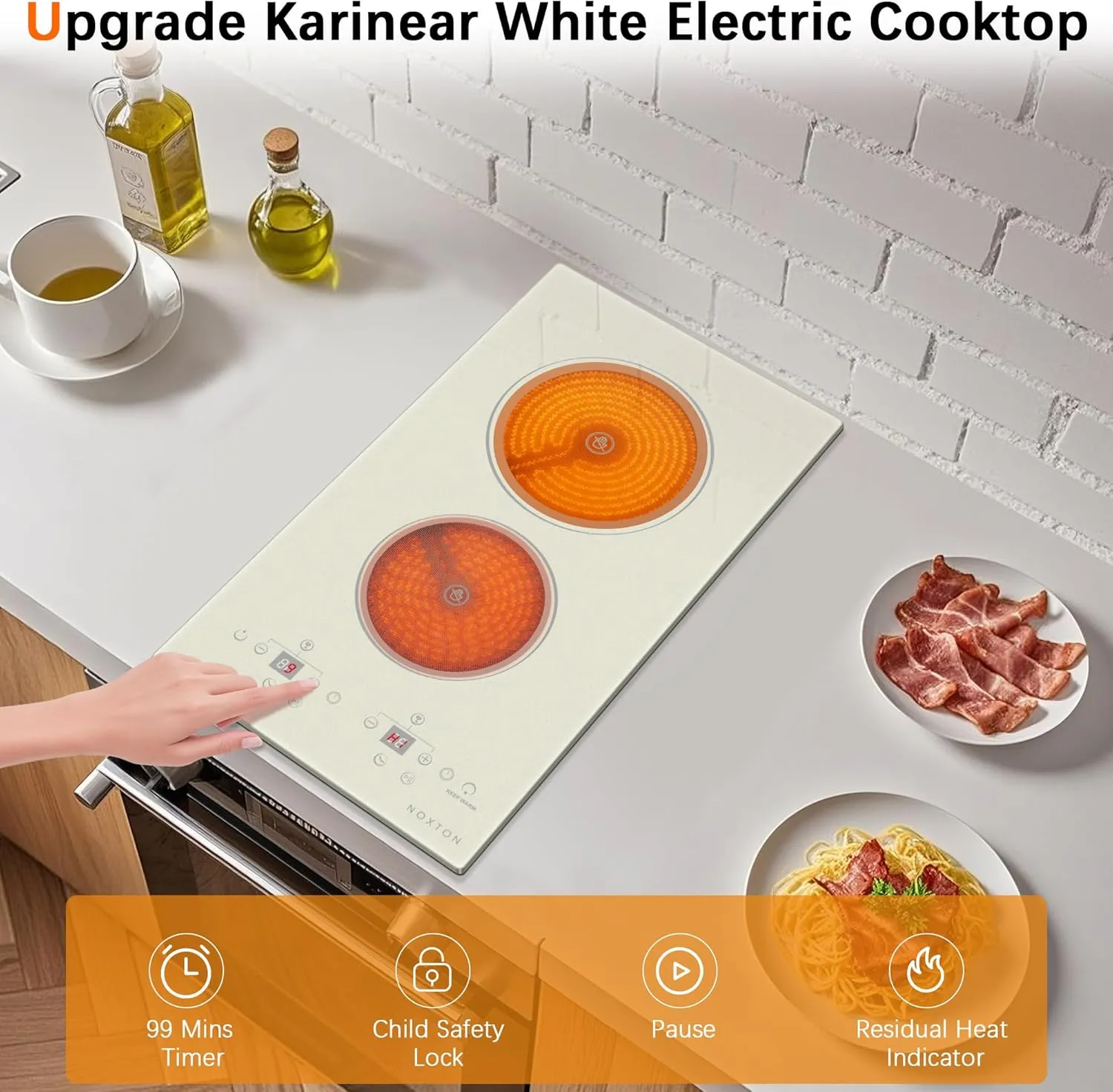 Noxton 2 Burners Electric Cooktop, Warm White Glass Electric Stove 110V, 12" Countertop Burner Built-in Electri Ceramic Cooktop, 99 Mins Timer, Pause, Safety Lock,Residual Heat Indication(Upgraded)