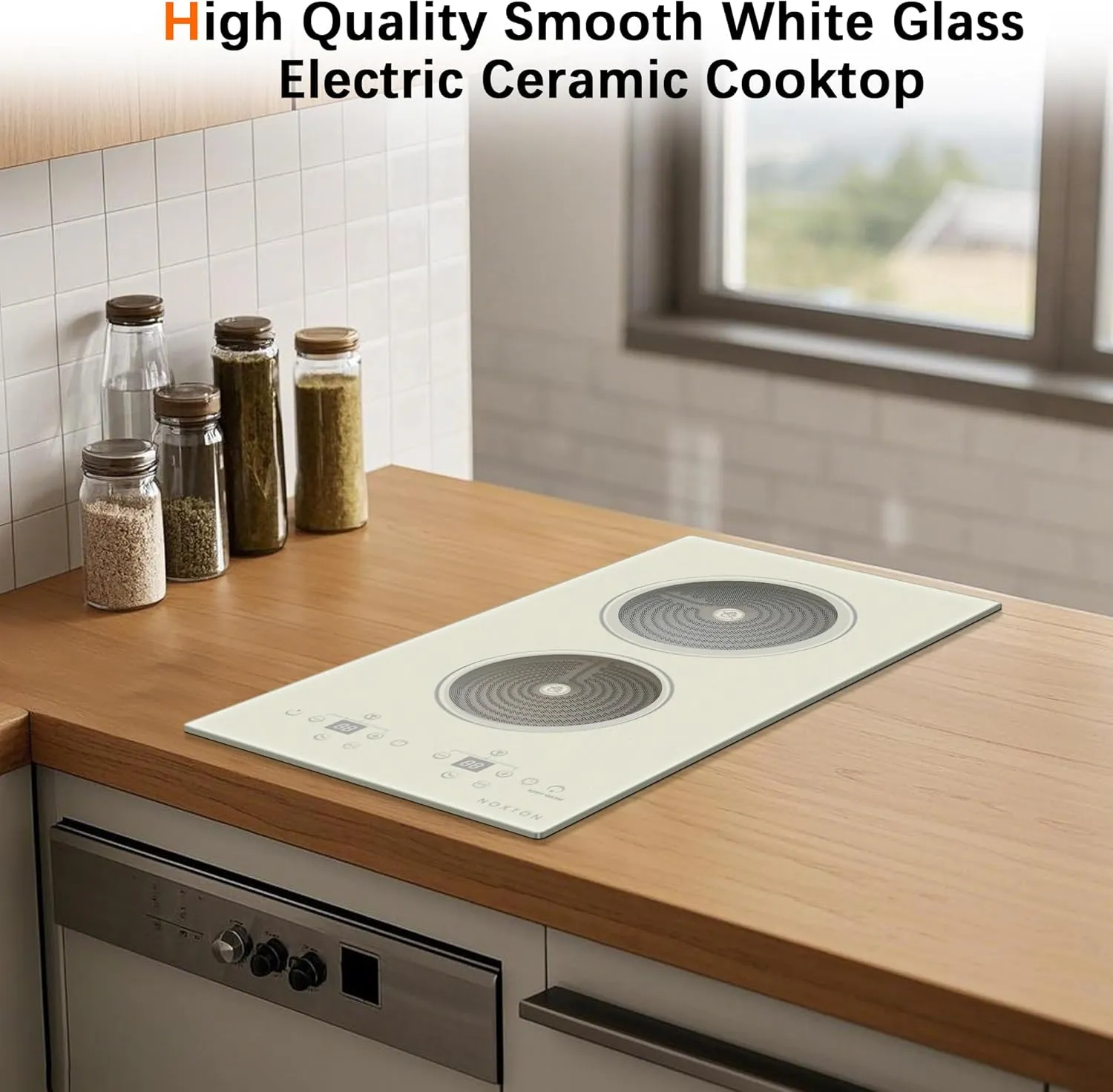 Noxton 2 Burners Electric Cooktop, Warm White Glass Electric Stove 110V, 12" Countertop Burner Built-in Electri Ceramic Cooktop, 99 Mins Timer, Pause, Safety Lock,Residual Heat Indication(Upgraded)