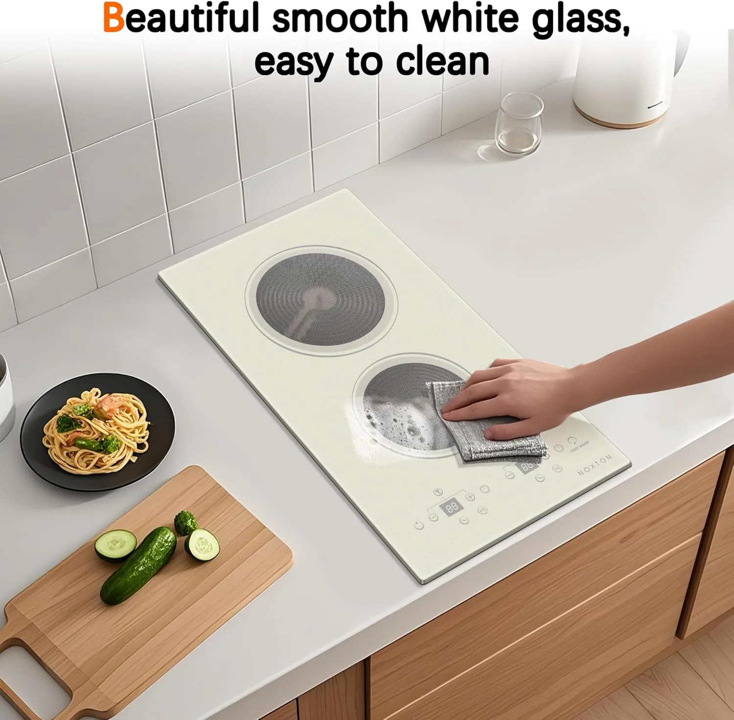 Noxton 2 Burners Electric Cooktop, Warm White Glass Electric Stove 110V, 12" Countertop Burner Built-in Electri Ceramic Cooktop, 99 Mins Timer, Pause, Safety Lock,Residual Heat Indication(Upgraded)