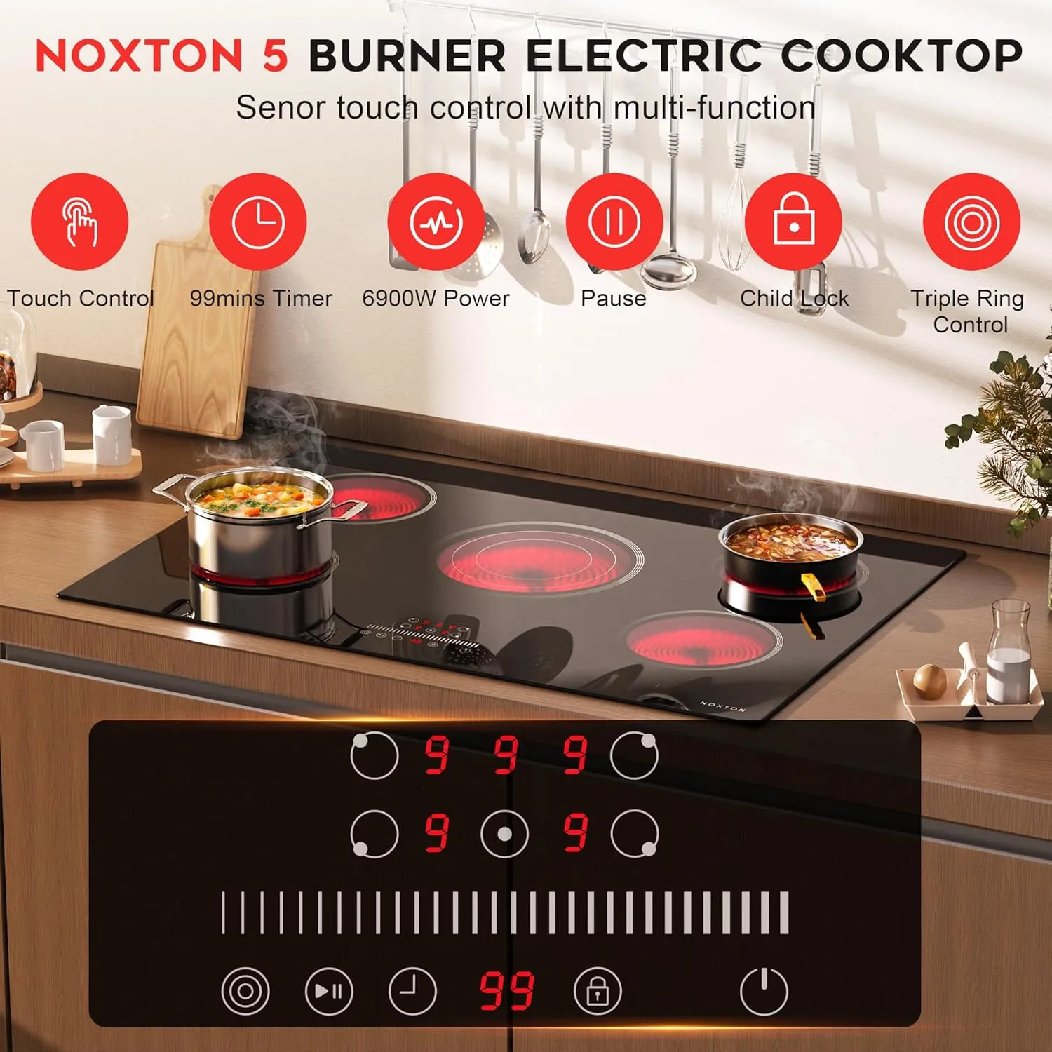 Noxton Electric Cooktop 30 Inch Electric Stove 5 Burners, Built-in Electric Ceramic Cooktop, 9 Heating Level, Pause, Timer, Child Safety Lock, Triple Ring, 220V Hardwire