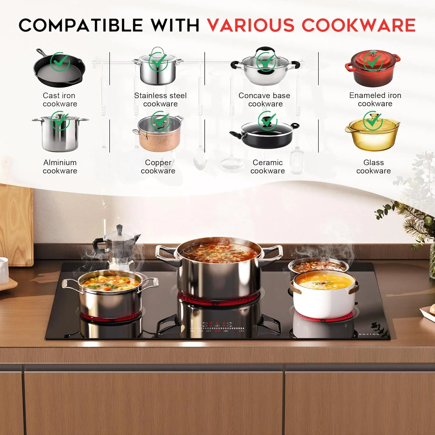 Noxton Electric Cooktop 30 Inch Electric Stove 5 Burners, Built-in Electric Ceramic Cooktop, 9 Heating Level, Pause, Timer, Child Safety Lock, Triple Ring, 220V Hardwire