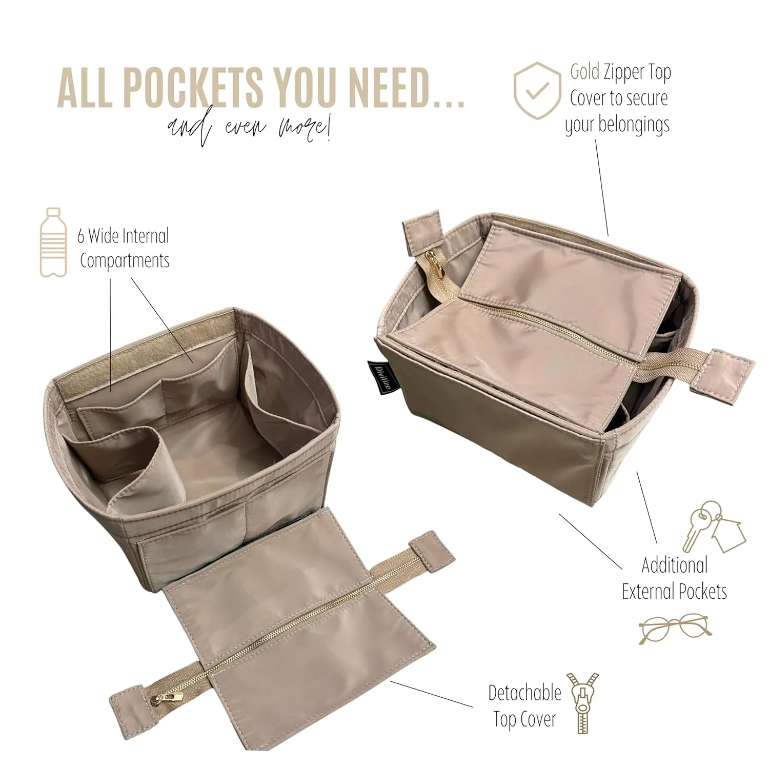 Nylon Waterproof Purse Organizer for Hermes Picotin 22 Bag Organizer Insert, Picotin 18 Bag Insert, MM Picotin PM Bag Organizer, 2mm Thick Premium Felt Gold Zipper (For Picotin 22 (MM), Lilac)