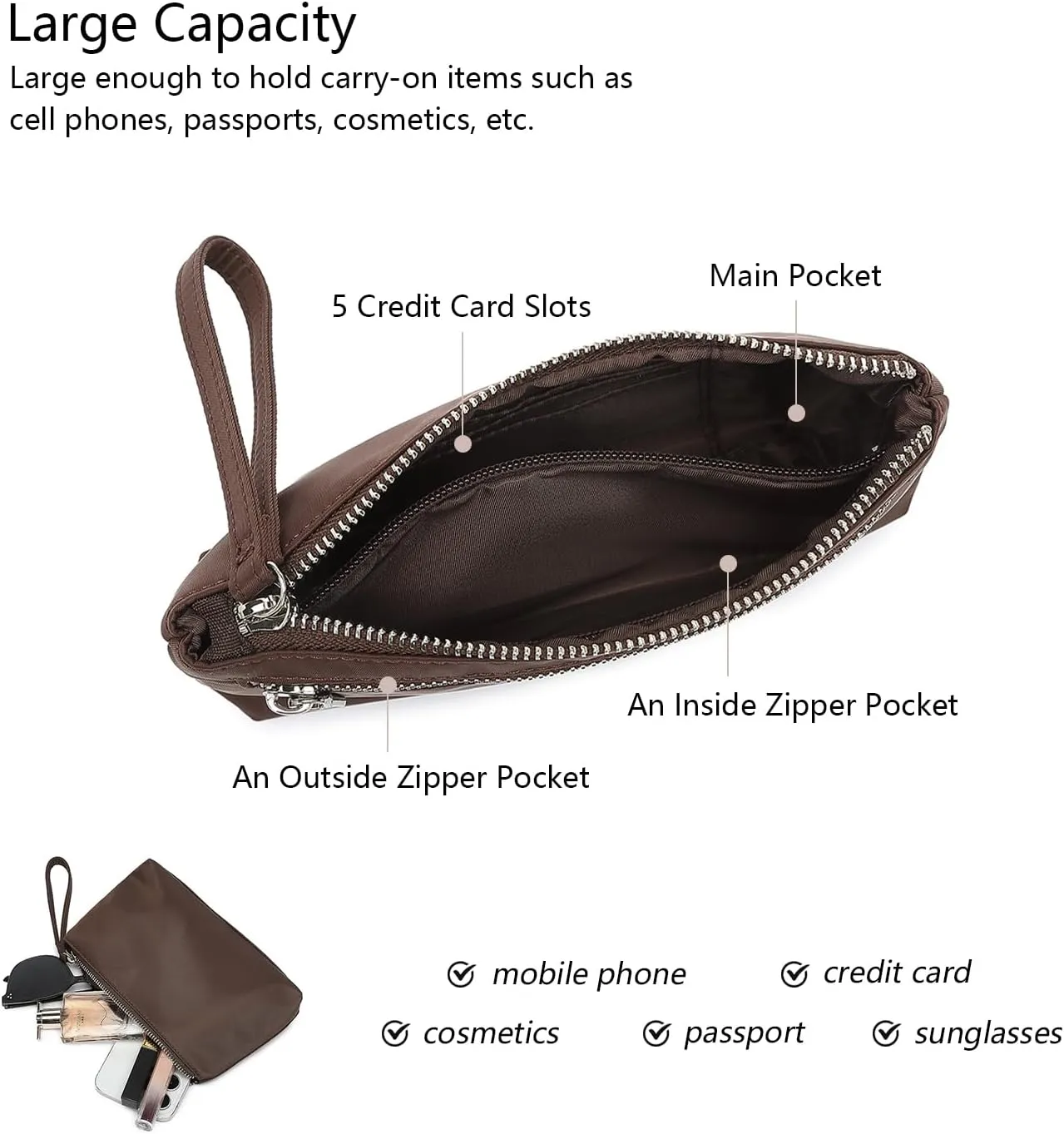 Nylon Wristbands Bag Makeup Pouch for Purse Waterproof Wristbands Bag with Zipper Pocket Credit Card Pouch