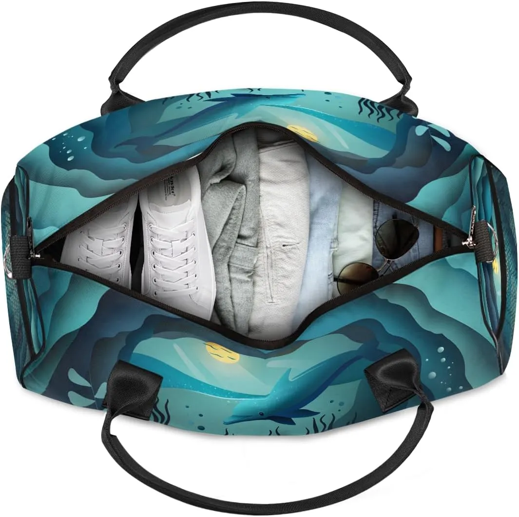 Ocean Dolphin Travel Duffle Bag for Women Men Foldable Waterproof Weekender Bag Carry on Tote for Overnight Sports Gym Sea Dolphin