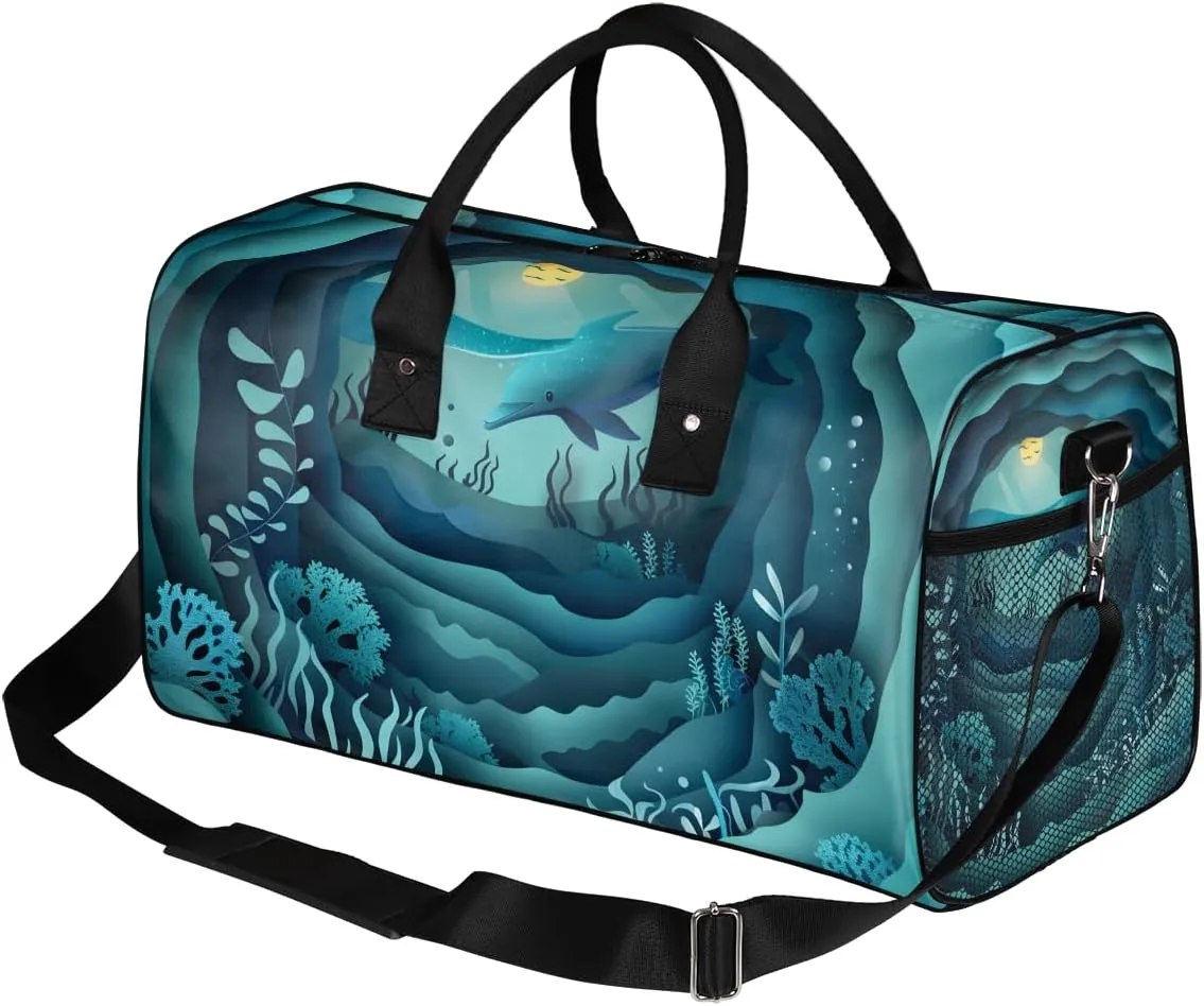 Ocean Dolphin Travel Duffle Bag for Women Men Foldable Waterproof Weekender Bag Carry on Tote for Overnight Sports Gym Sea Dolphin
