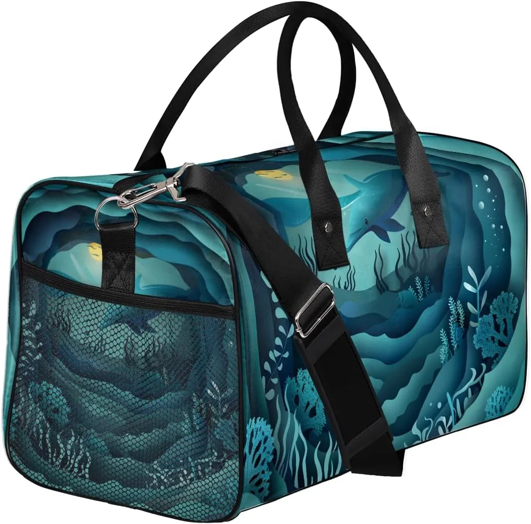 Ocean Dolphin Travel Duffle Bag for Women Men Foldable Waterproof Weekender Bag Carry on Tote for Overnight Sports Gym Sea Dolphin