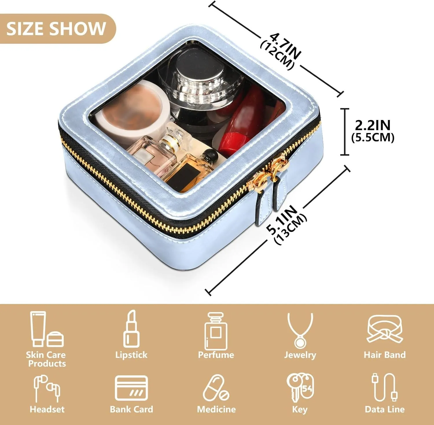 ODAWA Light Steel Blue Clear Makeup Bag Leather Organizer Bags Traveling Compact Car Bag for Essentials