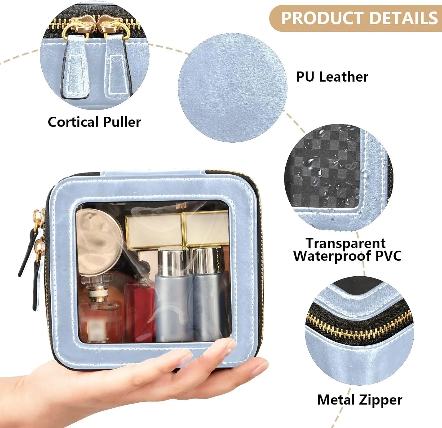 ODAWA Light Steel Blue Clear Makeup Bag Leather Organizer Bags Traveling Compact Car Bag for Essentials