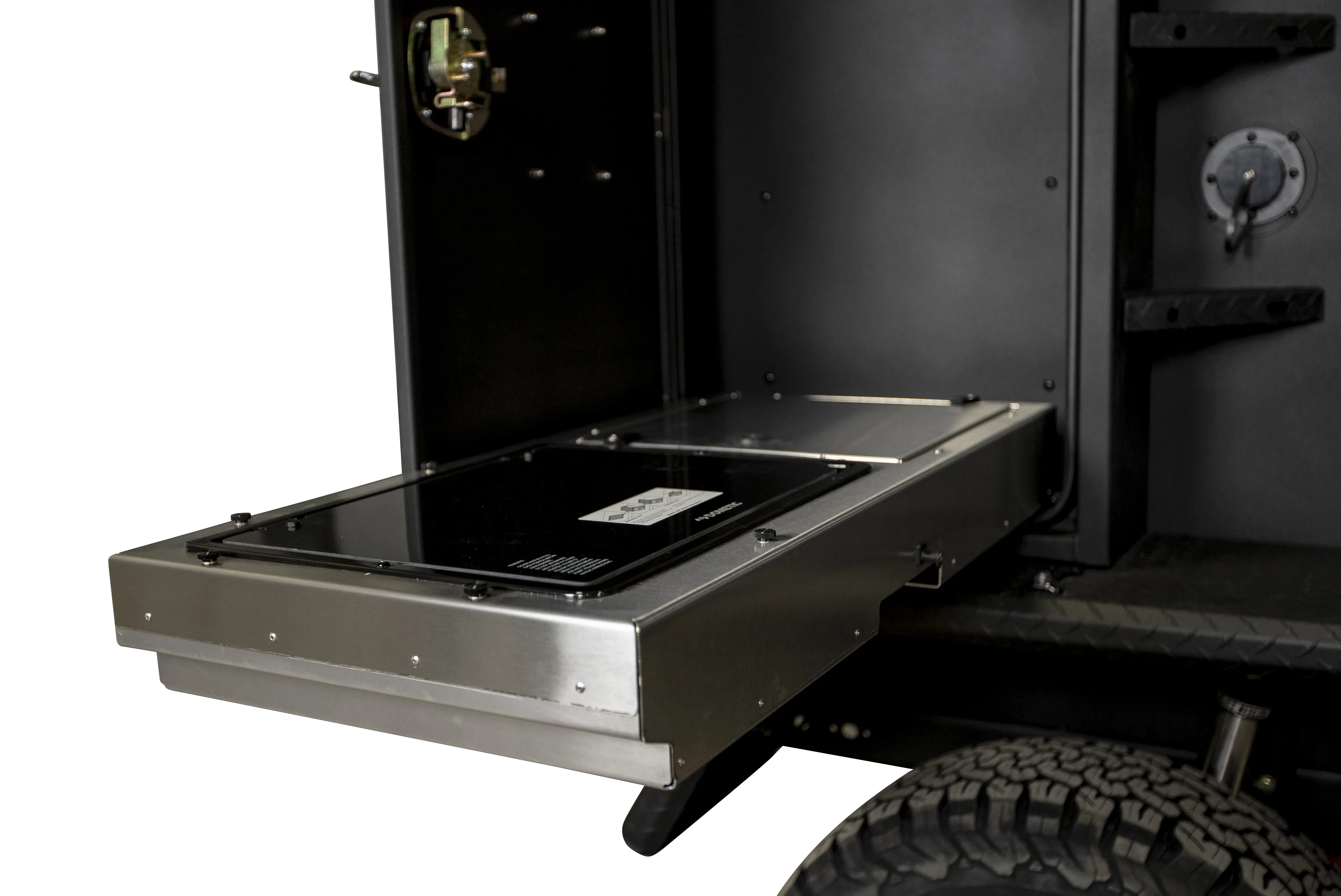 Off Grid Trailers Passenger Side Mounted Drop-Down Premium Kitchen (Sink & Dual Burner Stove)