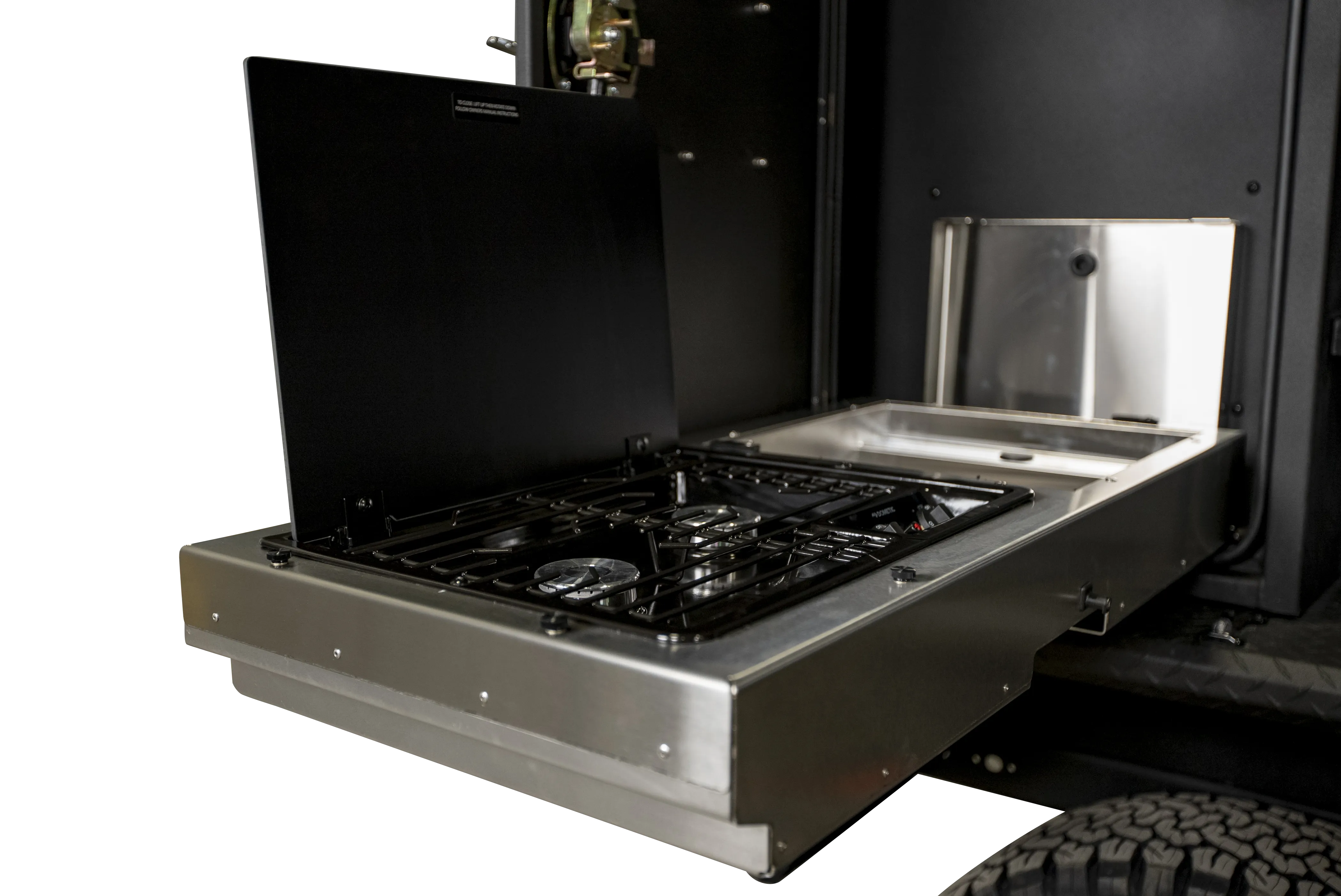 Off Grid Trailers Passenger Side Mounted Drop-Down Premium Kitchen (Sink & Dual Burner Stove)