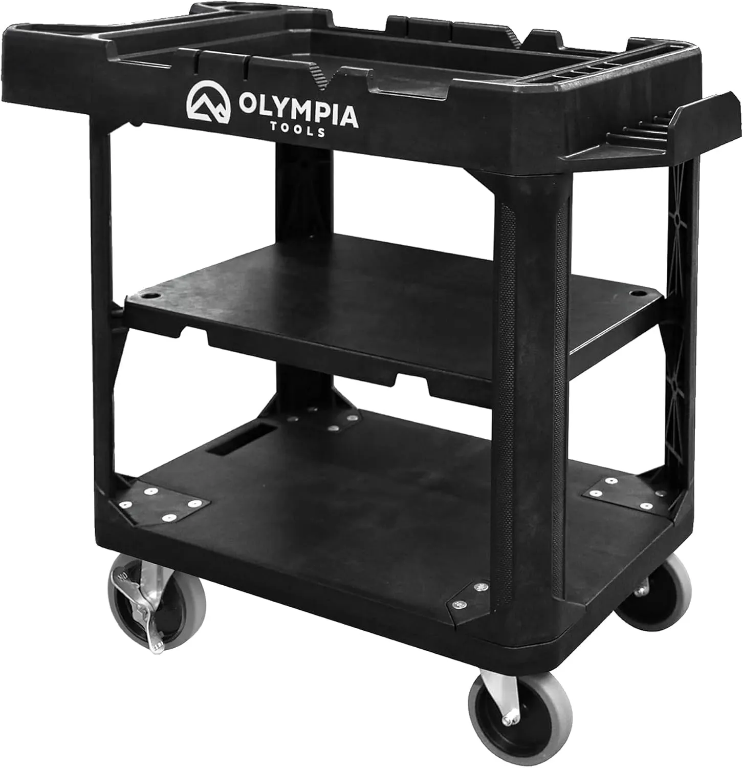 Olympia Tools Multi-Utility Tool Cart – 3-Shelf Convertible Workstation, 660 lbs Capacity, Ergonomic Tool Slots, 5 in Locking Swivel Wheels | Heavy-Duty Plastic Construction for Service & Maintenance