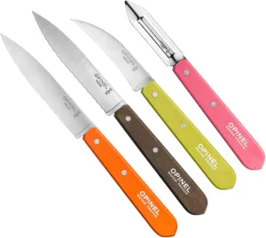Opinel Les Essentials Small Kitchen 4 Piece Knife Set - Paring Knife, Serrated Knife, Peeler, Vegetable Knife, Corrosion Resistant High Carbon Steel, Made in France (50s)