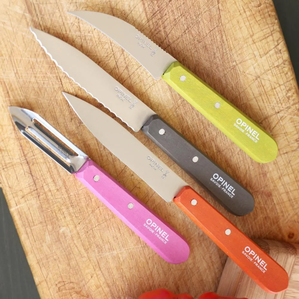 Opinel Les Essentials Small Kitchen 4 Piece Knife Set - Paring Knife, Serrated Knife, Peeler, Vegetable Knife, Corrosion Resistant High Carbon Steel, Made in France (50s)