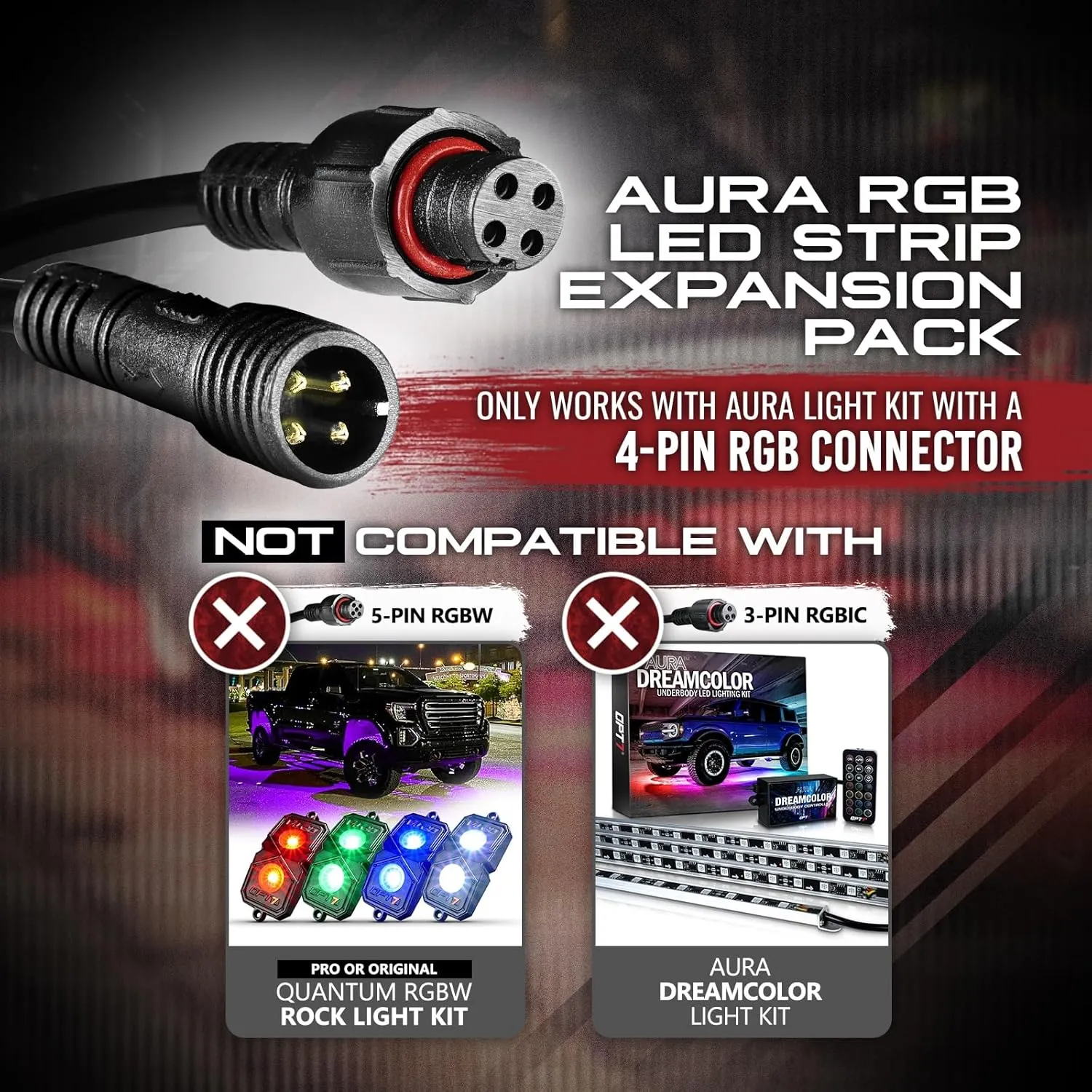 OPT7 Aura Double Row Expansion Pack - 2pc 12” LED Strips w/Splitters and Extension Wires for Interior, Wheelwell, Grille, Motorcycle, Cruiser, Golf Cart, Boat