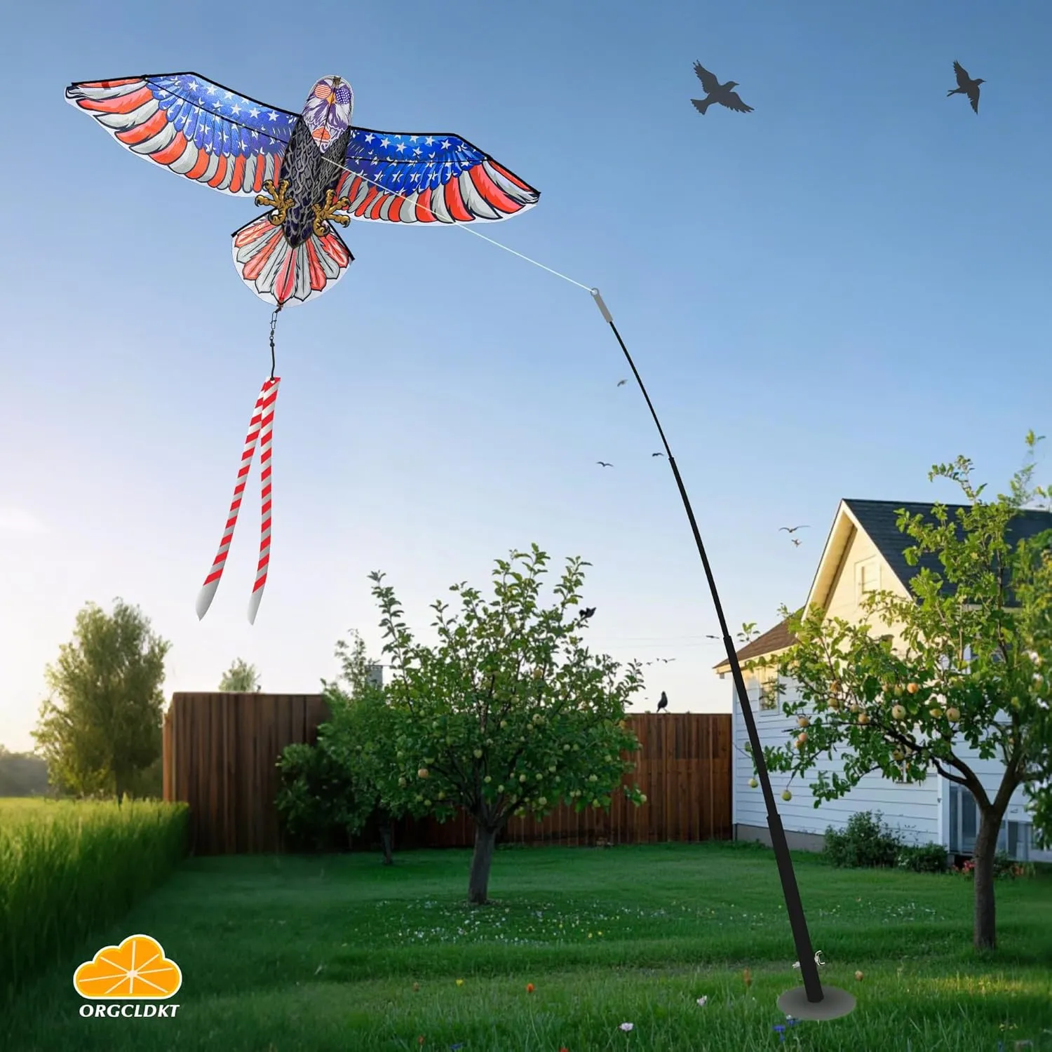 ORGCLDKT-Bird Scare Kite Eagle/Hawk/Peregrine Falcon/12.5FT Telescopic Pole/Bird Scaring Tape Tail/3D Body Lifelike Design/Scare Birds Away/Keep Birds Away/with Kite Handle & Flying Line