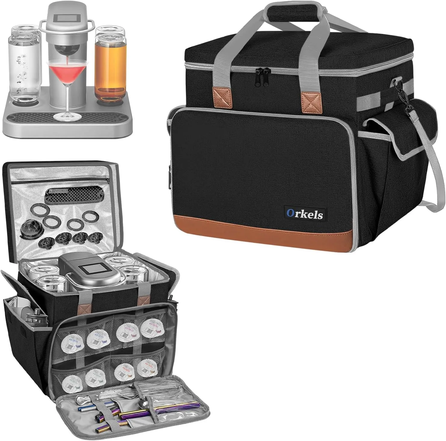 ORKELS Travel Carrying Case Compatible with Bartesian Premium Cocktail Machine, Insulated Cooler Bag for Bartesian Machine with Pockets for Cocktail Capsules, Menu and Other Accessories, Black, OR-15