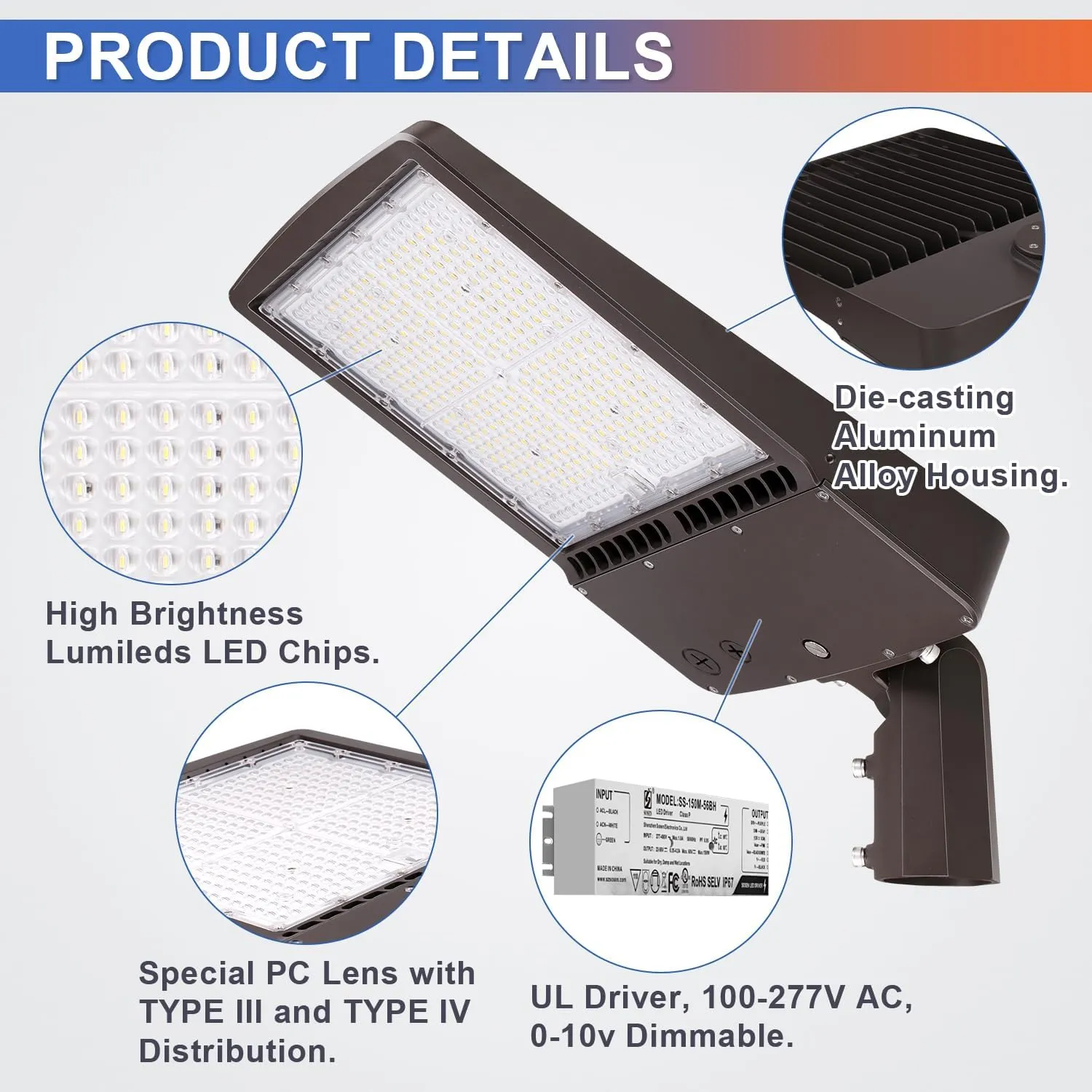 OSTEK 150W LED Parking Lot Light, 5700K 21000LM(140LM/W) LED Shoebox Lights with Slip Fitter Mount, [600W HPS Equiv.] Outdoor Pole Street Light, 20KV Surge Protection, AC100-277V, UL&DLC Listed
