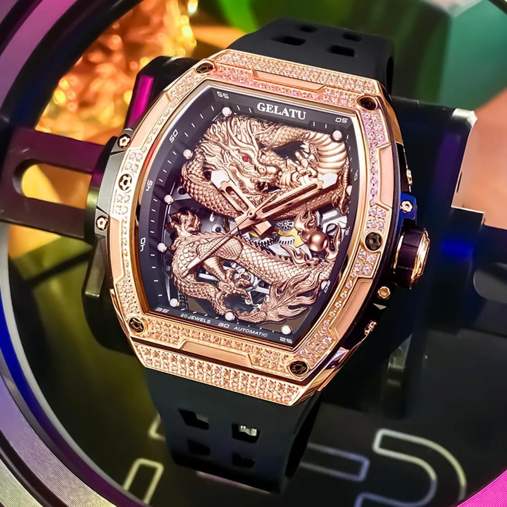 OUPINKE Automatic Skeleton Mens Watch with Dragon Design Luxury Diamond Sapphire Crystal Waterproof Luminous Wristwatch Silicone Band