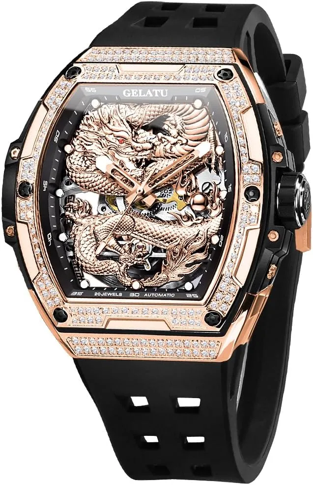 OUPINKE Automatic Skeleton Mens Watch with Dragon Design Luxury Diamond Sapphire Crystal Waterproof Luminous Wristwatch Silicone Band