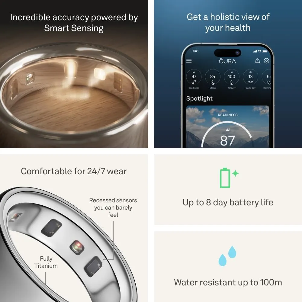 Oura Ring 4 - Silver - Size 8 - Smart Ring - Size First with Oura Ring 4 Sizing Kit - Sleep Tracking Wearable - Heart Rate - Fitness Tracker - Up to 8 Days of Battery Life