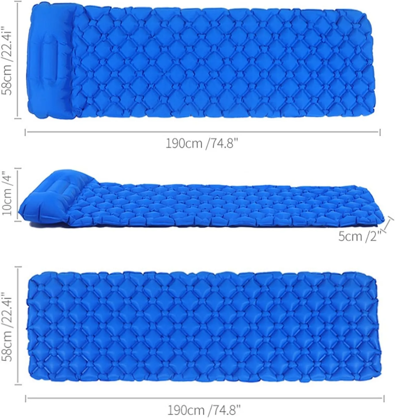 Outdoor Inflatable Mattress Diamond Ultra-Light Camping Mat Hiking Air Cushion Portable Sleeping Mat Damp Proof (3 Pc Set Pillow One Seat)
