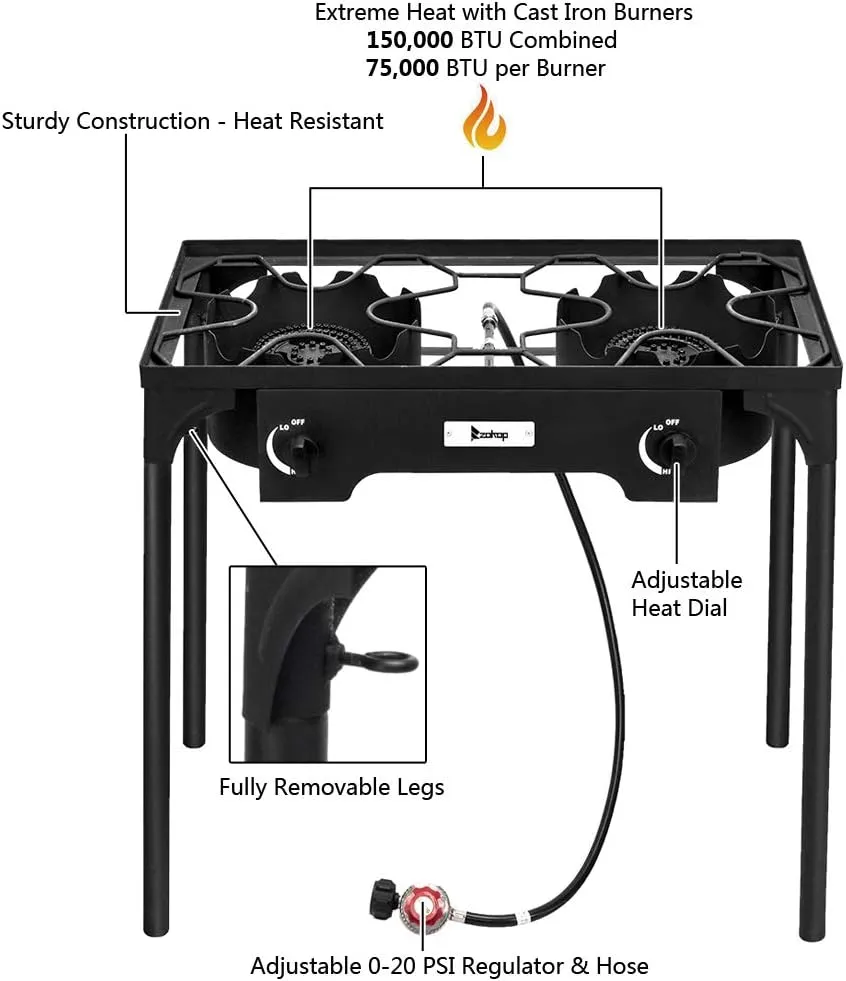 Outdoor Stove Portable Propane Burner Gas Cooker - Camp Stoves 2 Burner Propane Stove for Camping Cooking, High Pressure Patio Double Burner Two Burner with Detachable Legs, 150000 BTU