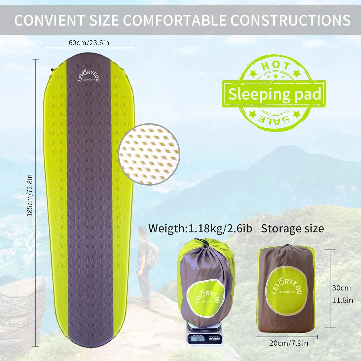 Outdoors Self Inflating Sleeping Pad Lightweight Foam Filling 1.5 Inch Thick Camping Hiking Sleeping Matters for A Tent Light Compact and Comfortable Suitable Backpacking